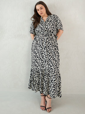 Black And White Abstract Print Tiered Maxi Dress