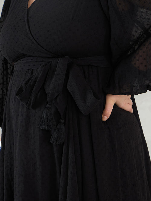 Black Chiffon Dobby Wrap Maxi Dress