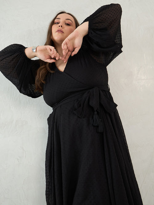 Black Chiffon Dobby Wrap Maxi Dress
