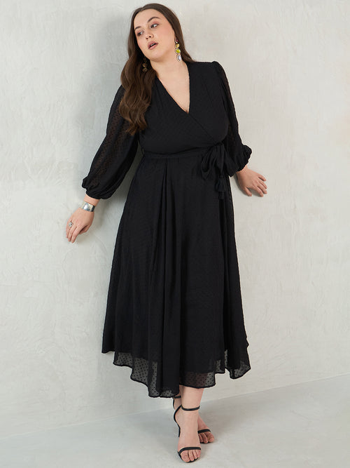 Black Chiffon Dobby Wrap Maxi Dress