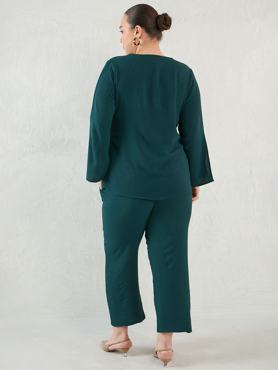 Forest Green Slit Detail Top And Pants Co-Ord Set