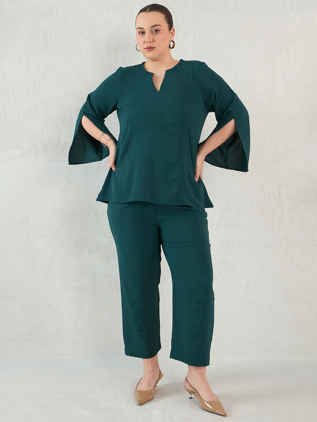 Forest Green Slit Detail Top And Pants Co-Ord Set
