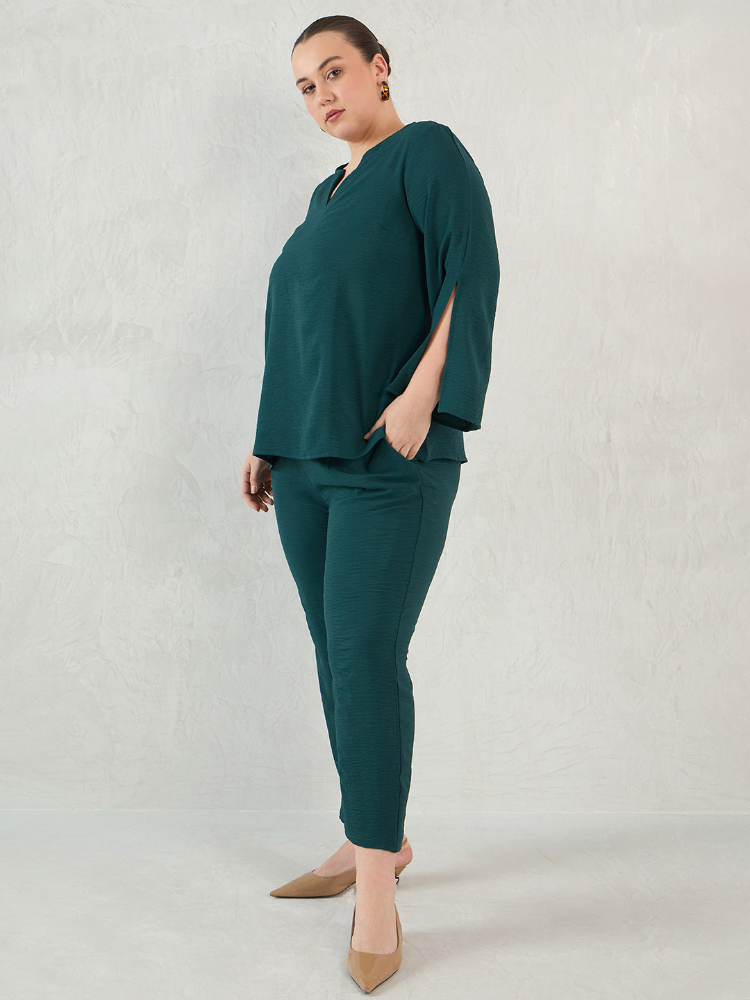 Forest Green Slit Detail Top And Pants Co-Ord Set