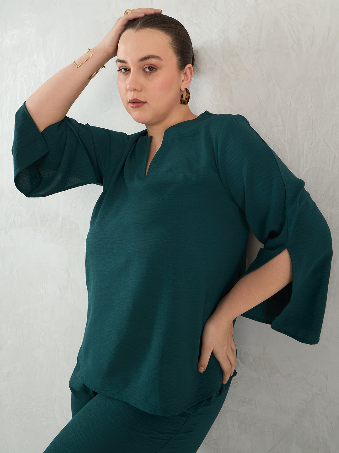 Forest Green Slit Detail Top And Pants Co-Ord Set