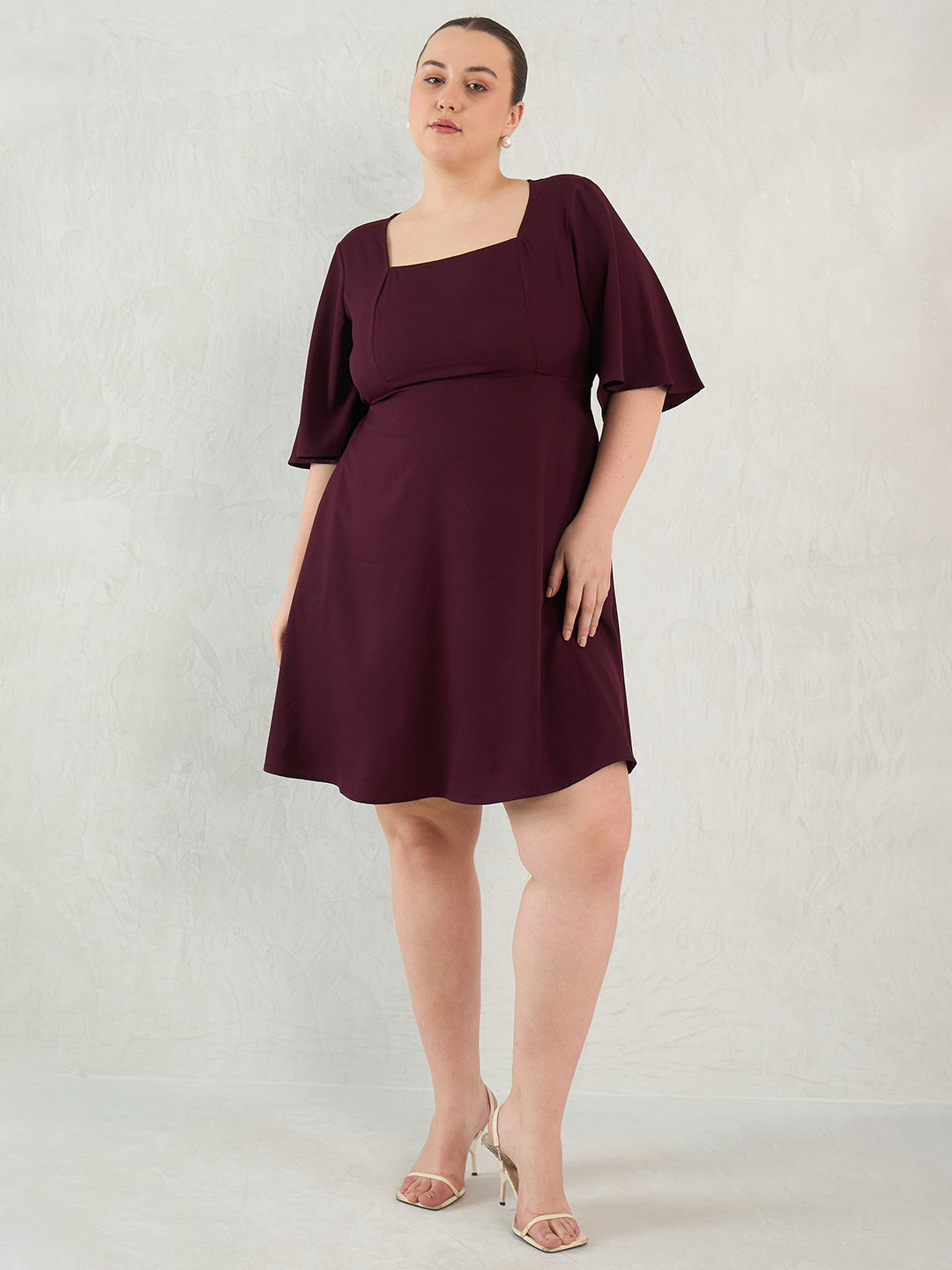 Wine Fit And Flare Knee Length Dress