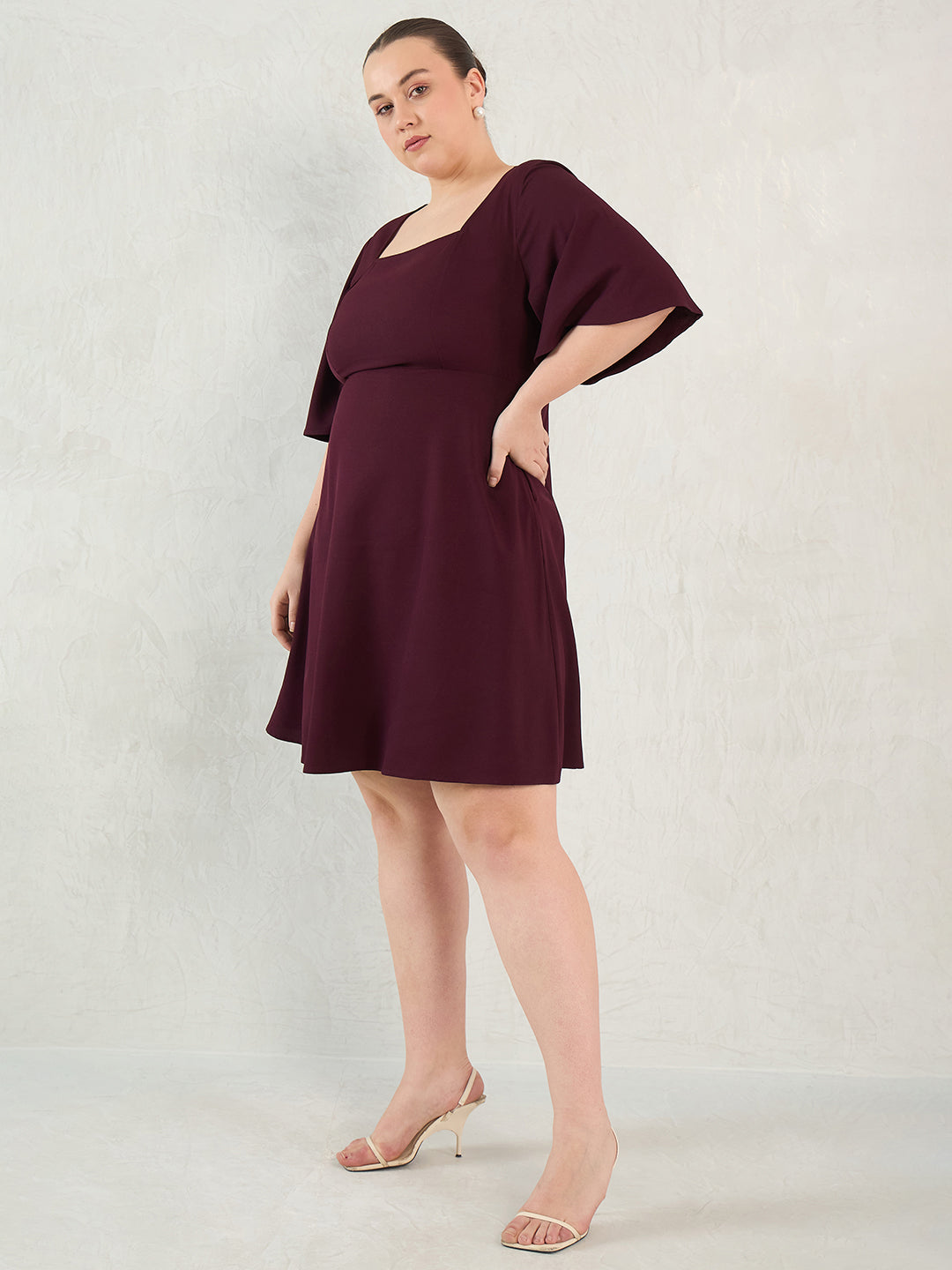 Wine Fit And Flare Knee Length Dress