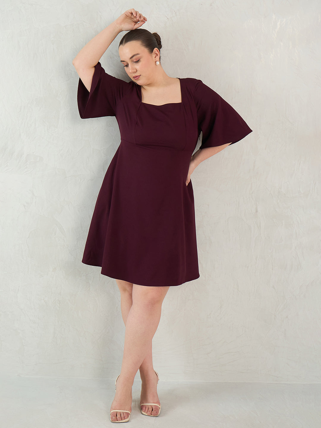 Wine Fit And Flare Knee Length Dress