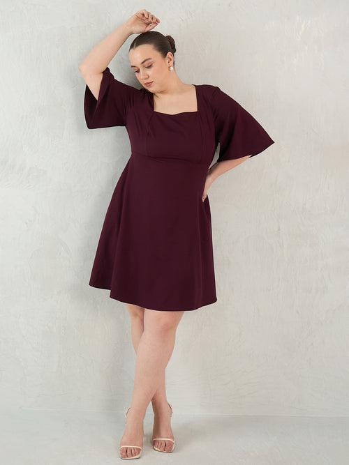 Wine Fit And Flare Knee Length Dress