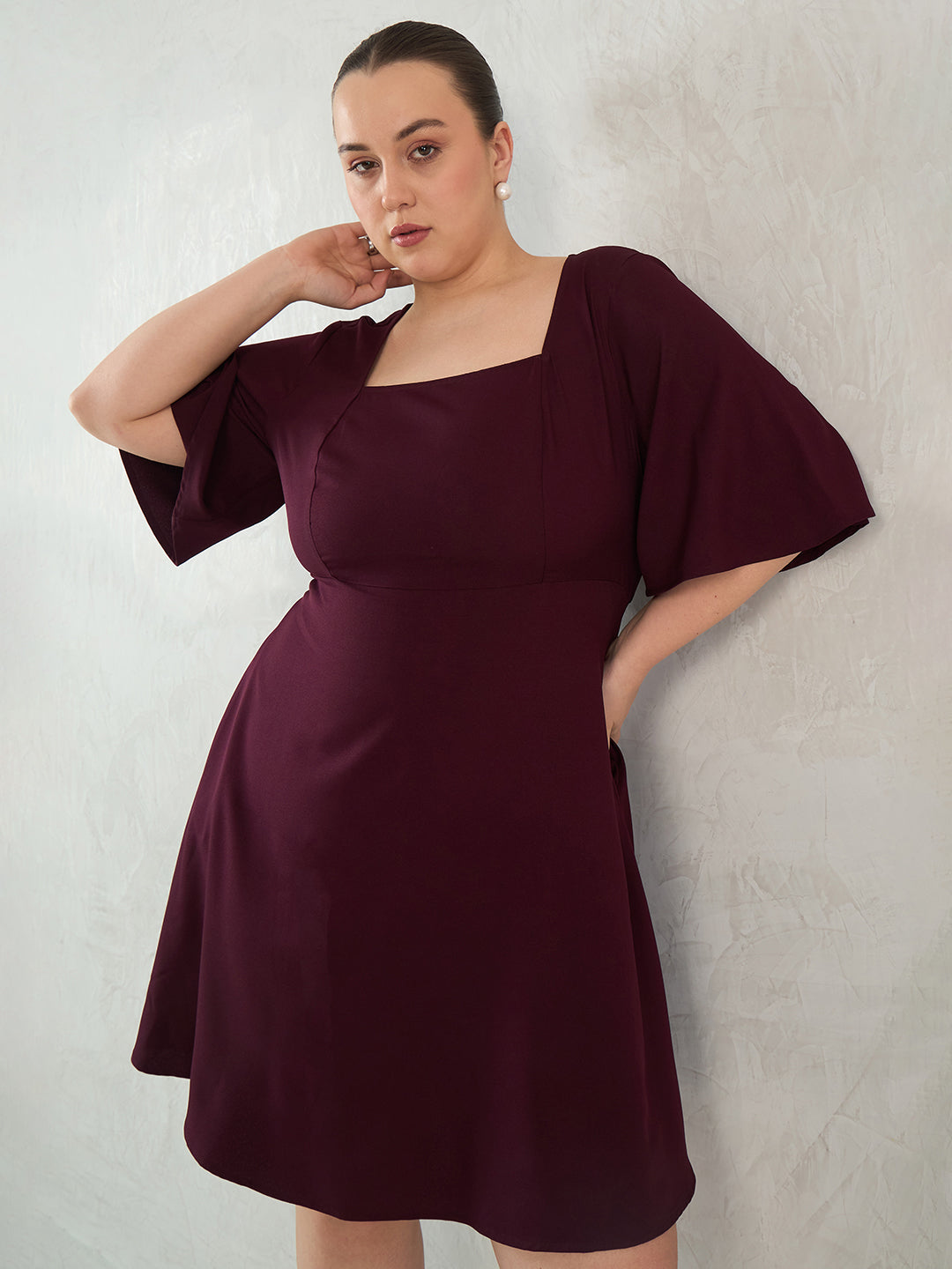 Wine Fit And Flare Knee Length Dress