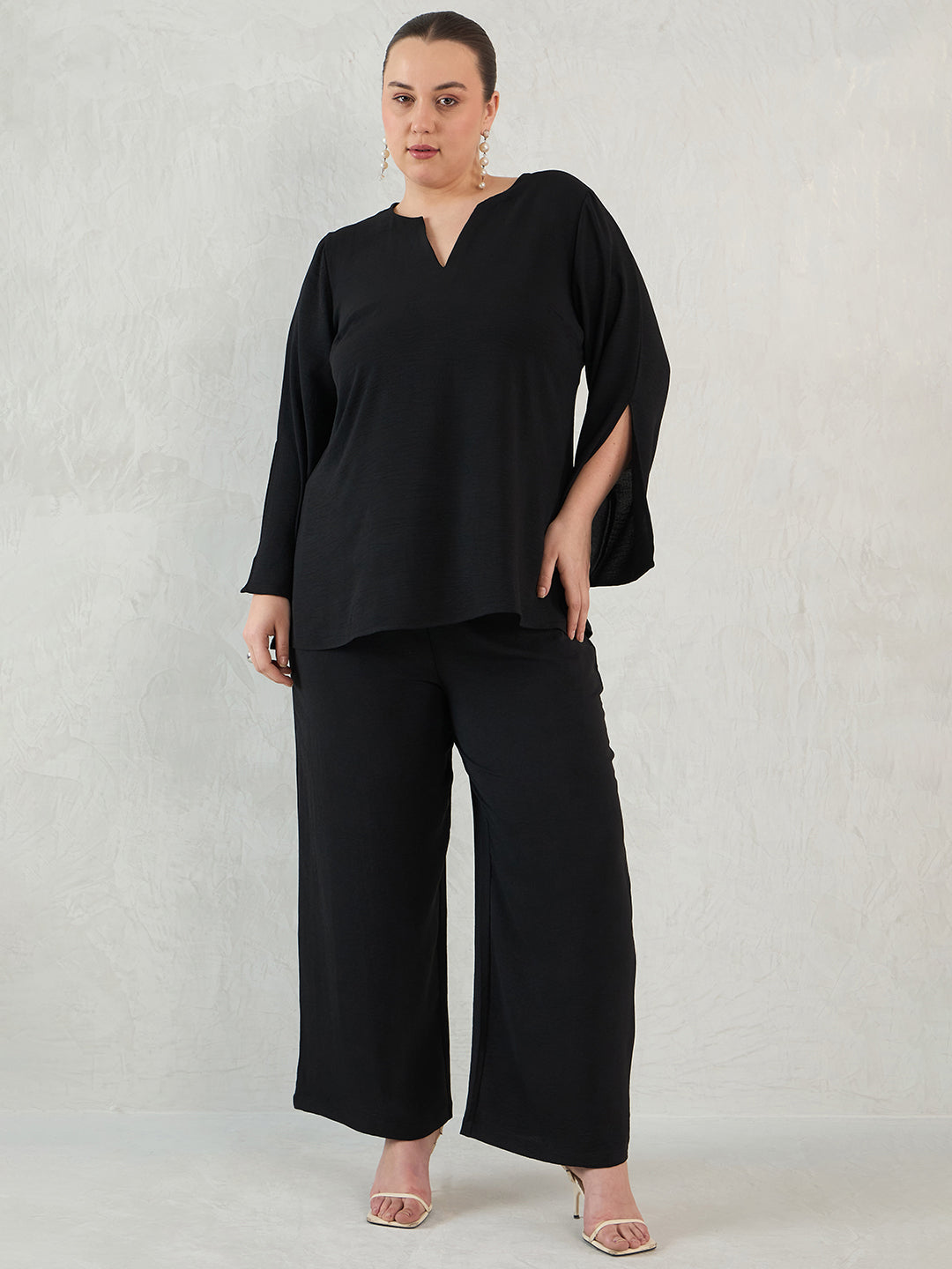 Black Slit Detail Top And Pants Co-Ord Set