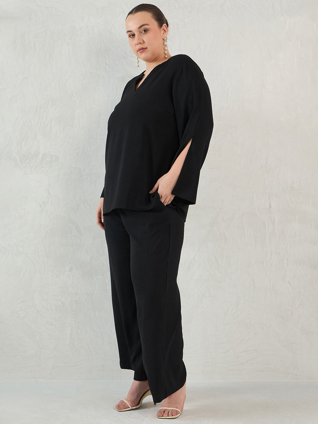 Black Slit Detail Top And Pants Co-Ord Set