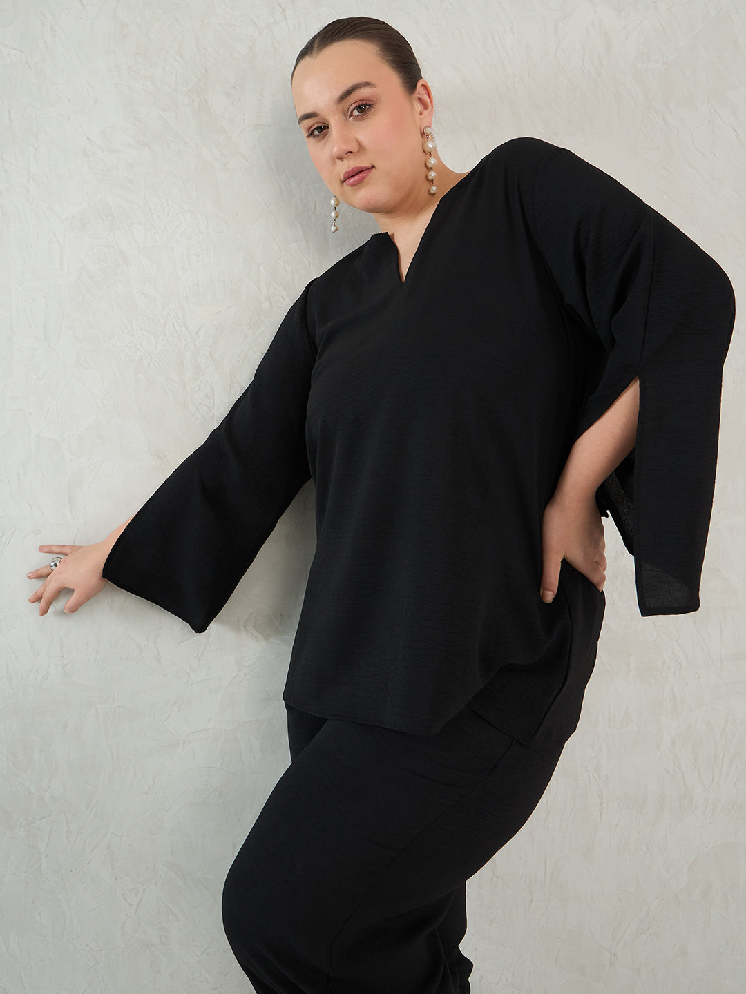 Black Slit Detail Top And Pants Co-Ord Set