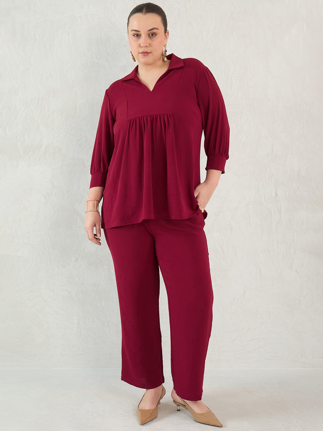 Maroon Gather Detail Tunic And Pants Co-Ord Set