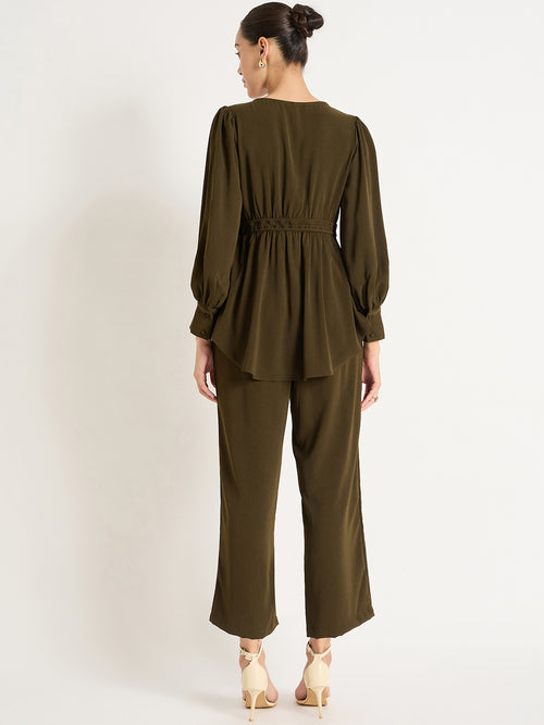 Olive Crinkle V-Neck Co-Ord Set