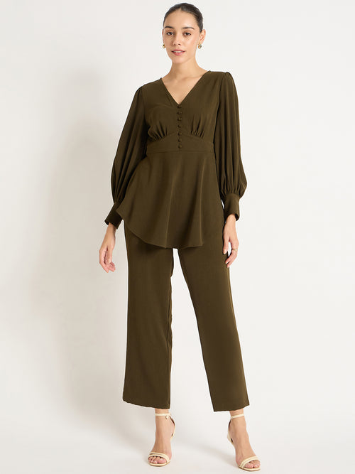 Olive Crinkle V-Neck Co-Ord Set
