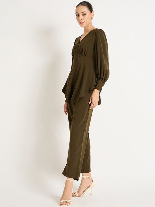 Olive Crinkle V-Neck Co-Ord Set
