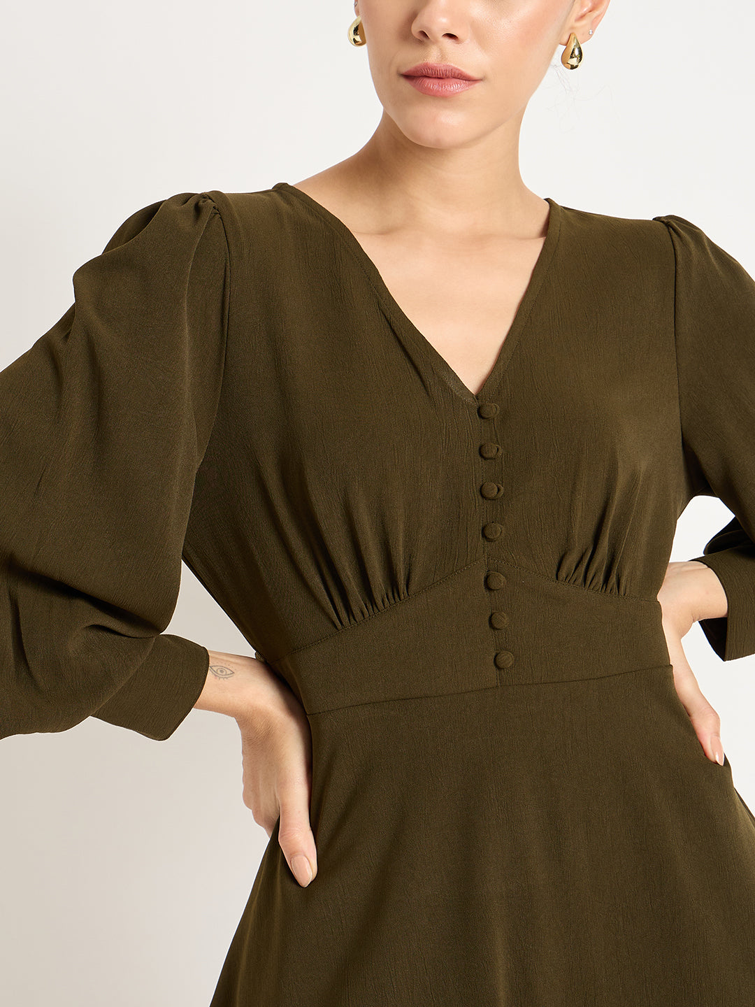 Olive Crinkle V-Neck Co-Ord Set