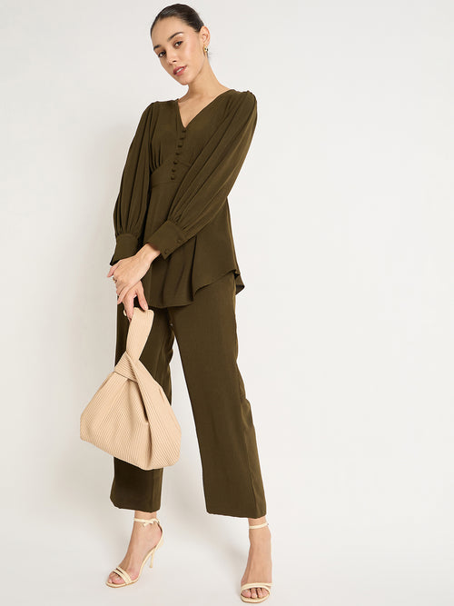 Olive Crinkle V-Neck Co-Ord Set