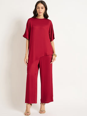 Red Modal Satin Asymmetric Co-Ord Set