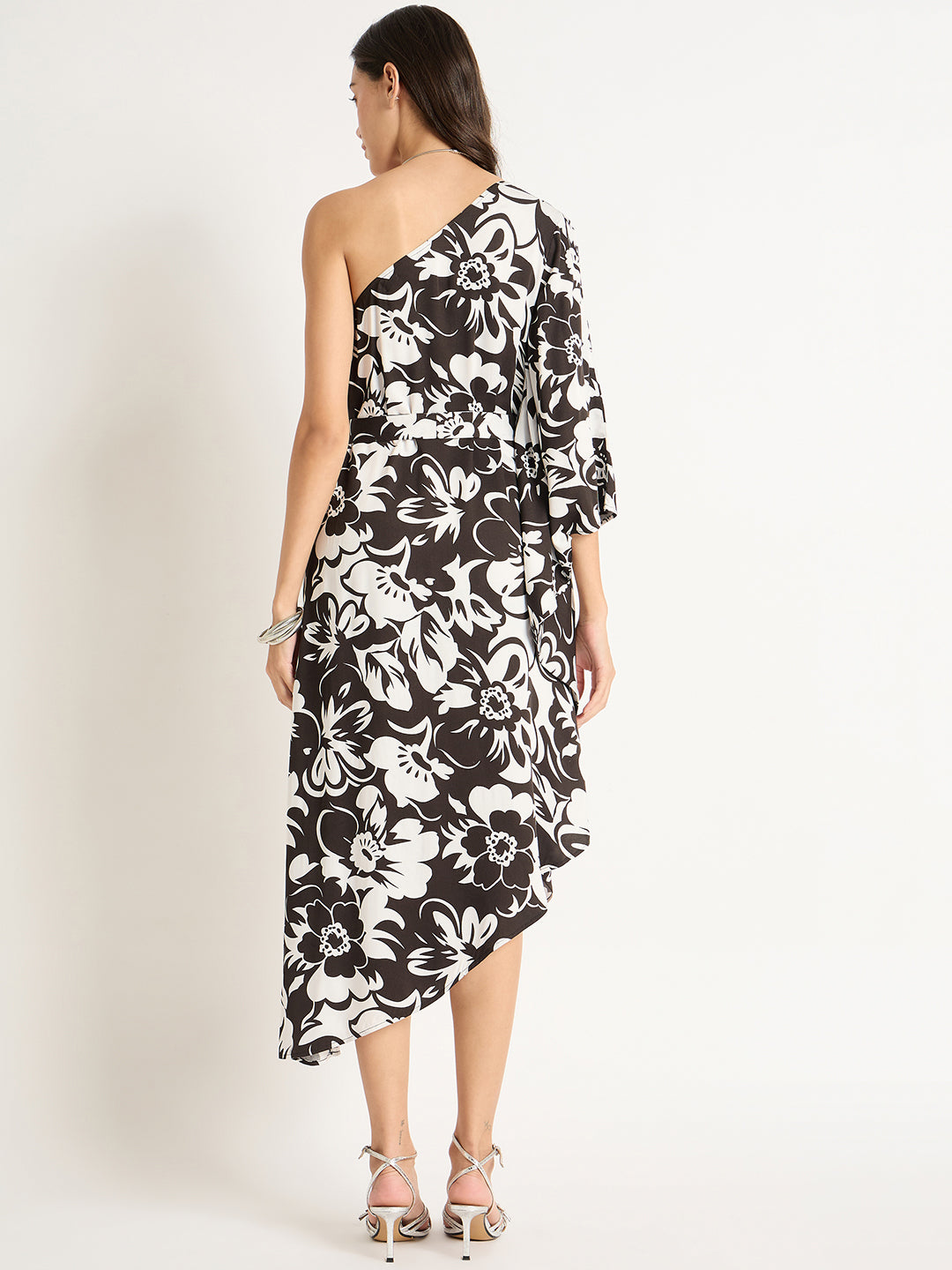 Black And White Modal Satin One Shoulder Midi Dress