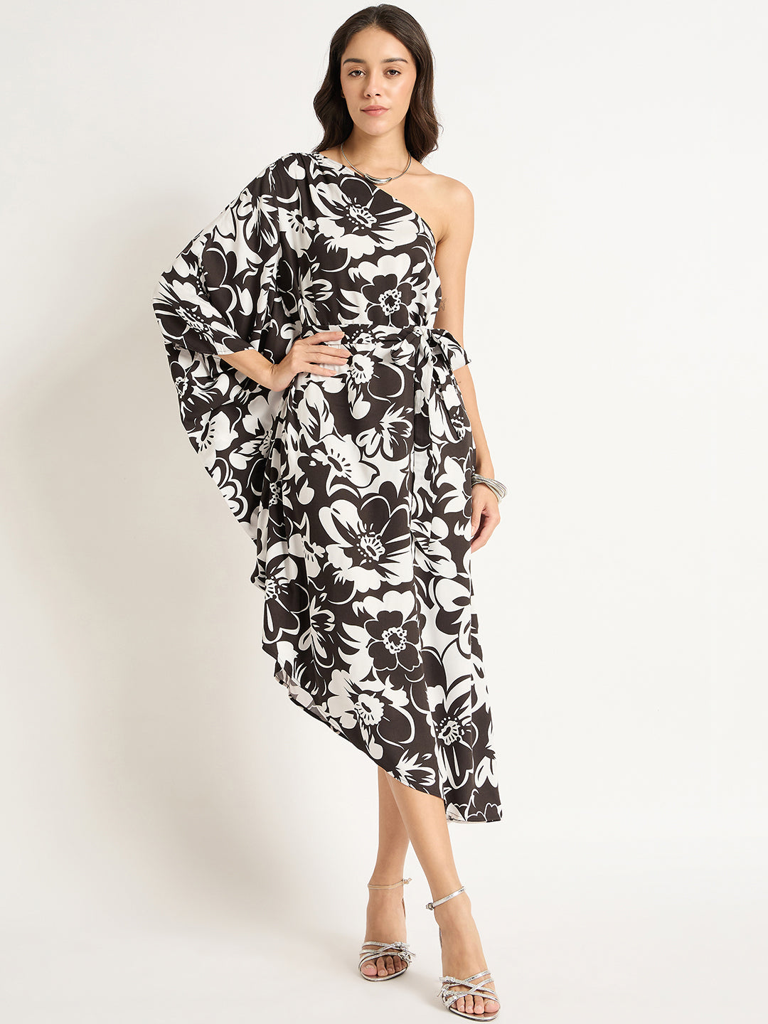 Black And White Modal Satin One Shoulder Midi Dress