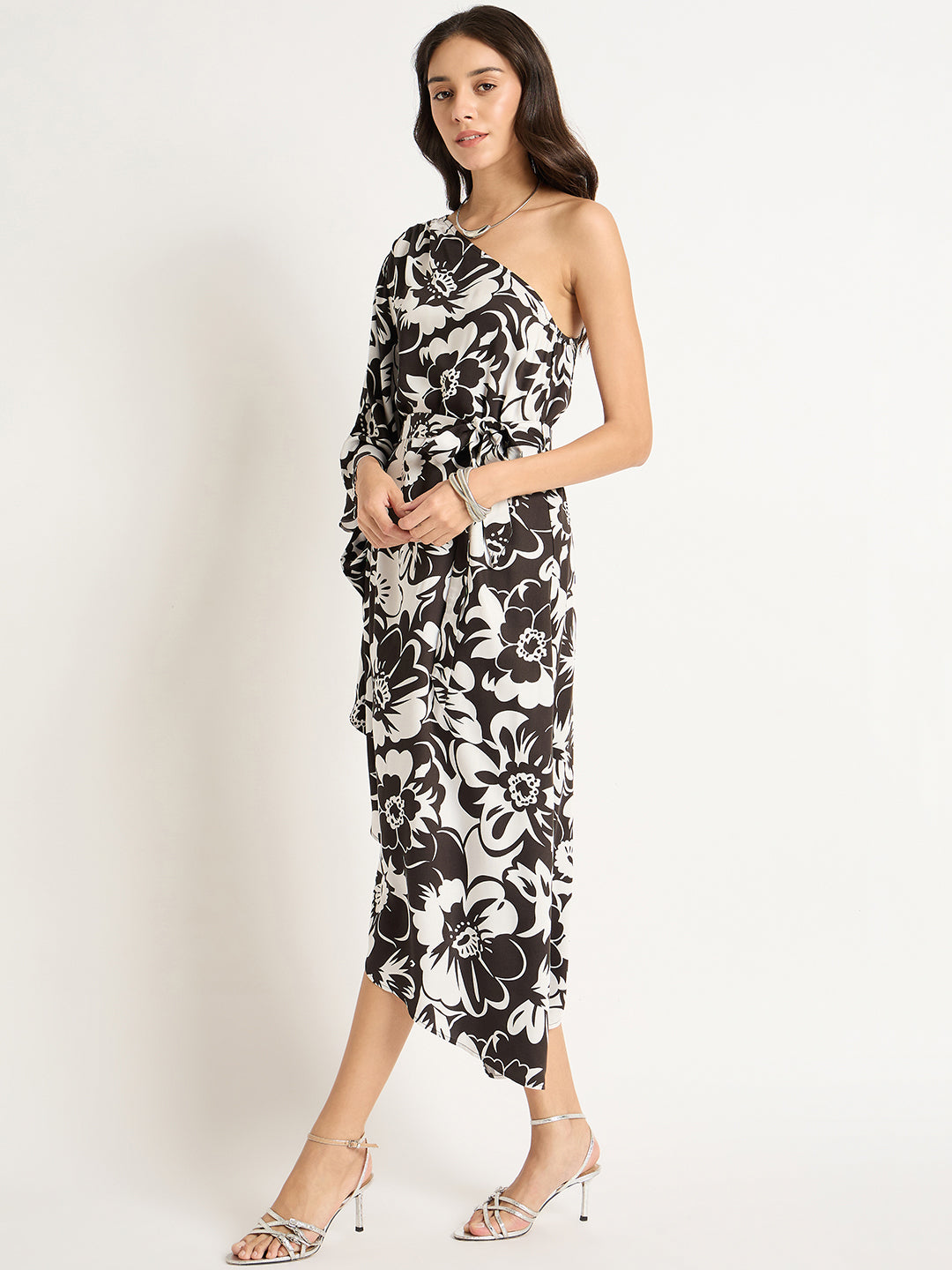Black And White Modal Satin One Shoulder Midi Dress