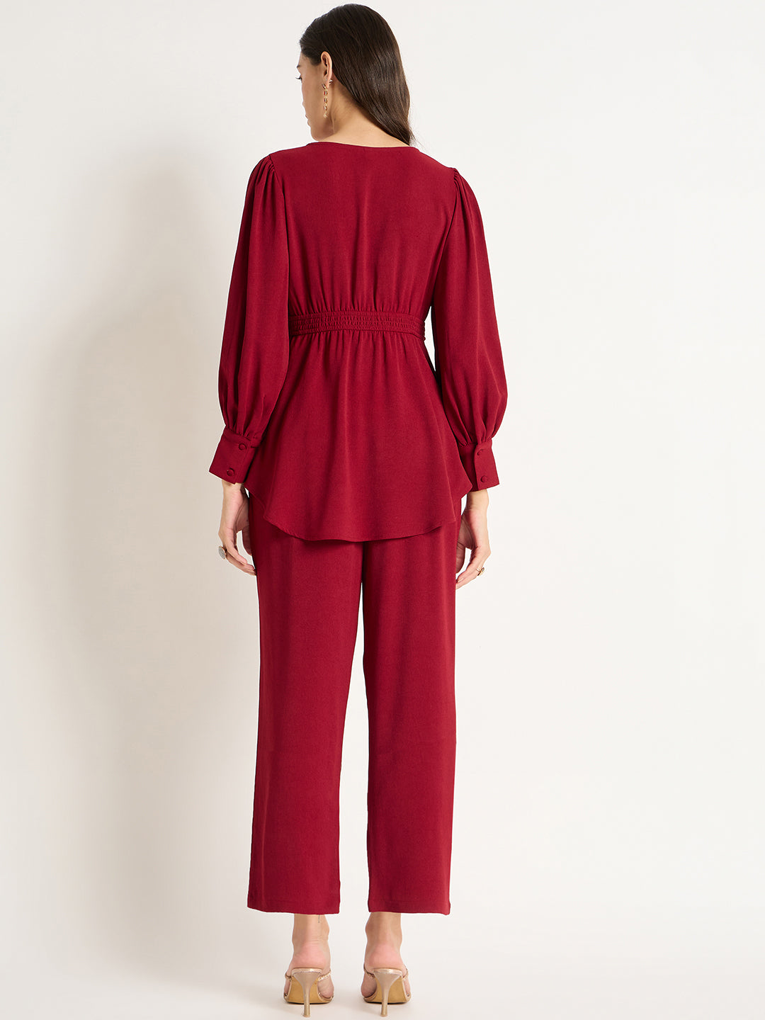 Deep Red Crinkle V-Neck Co-Ord Set