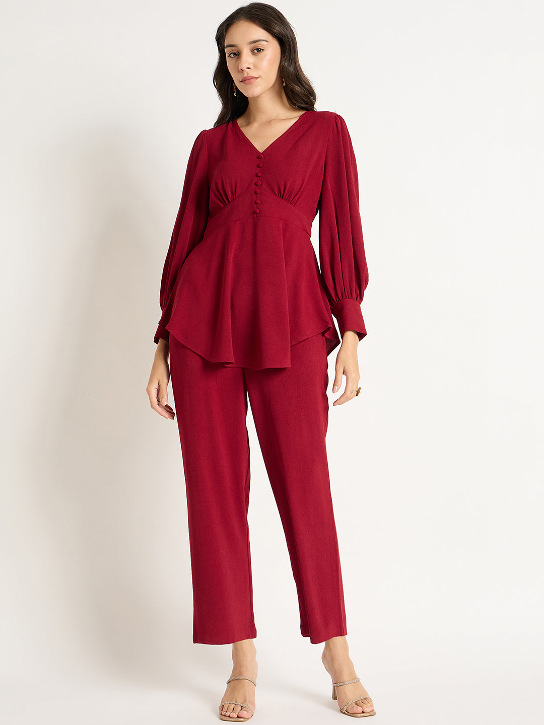 Deep Red Crinkle V-Neck Co-Ord Set