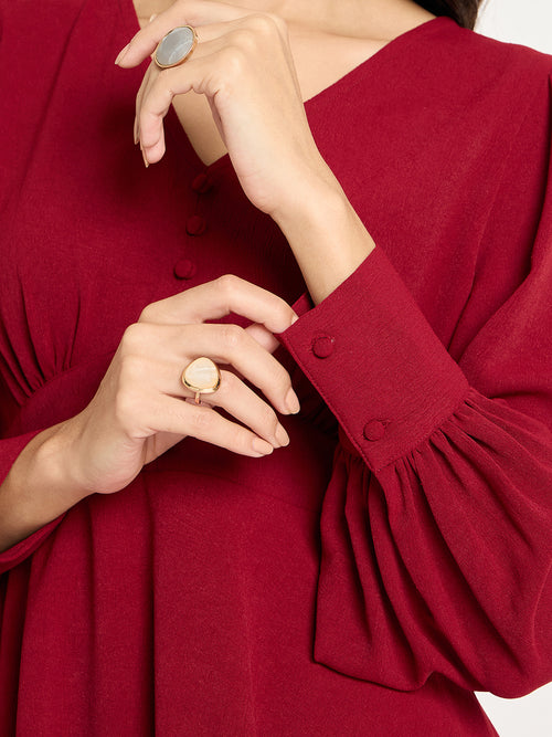 Deep Red Crinkle V-Neck Co-Ord Set