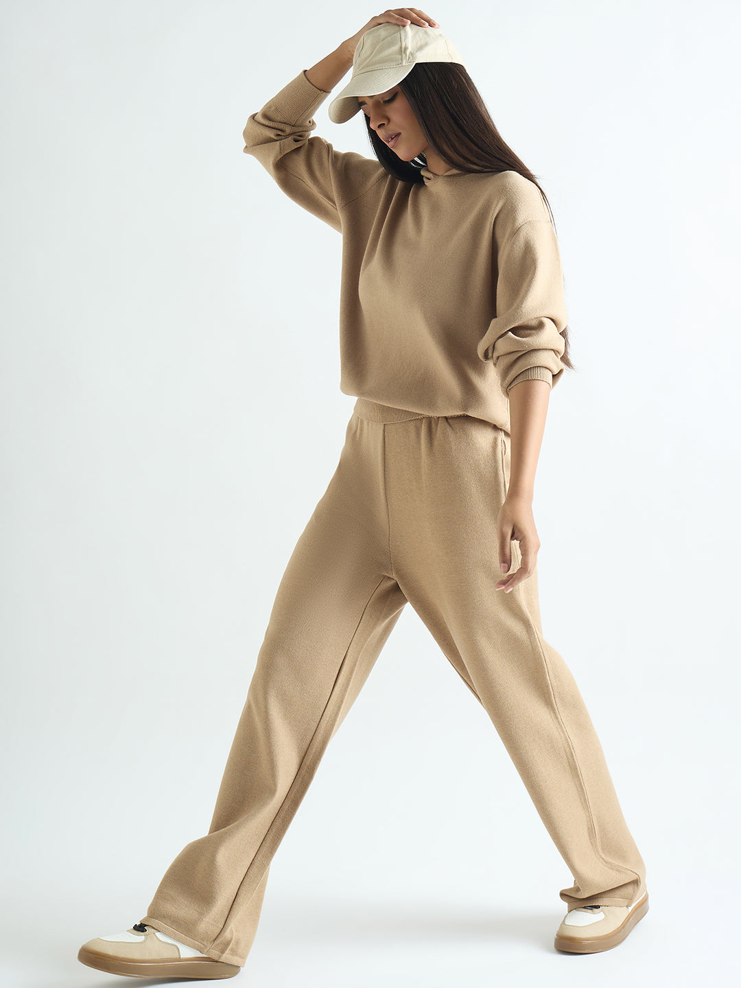 Beige Knitted Straight Fit Pants