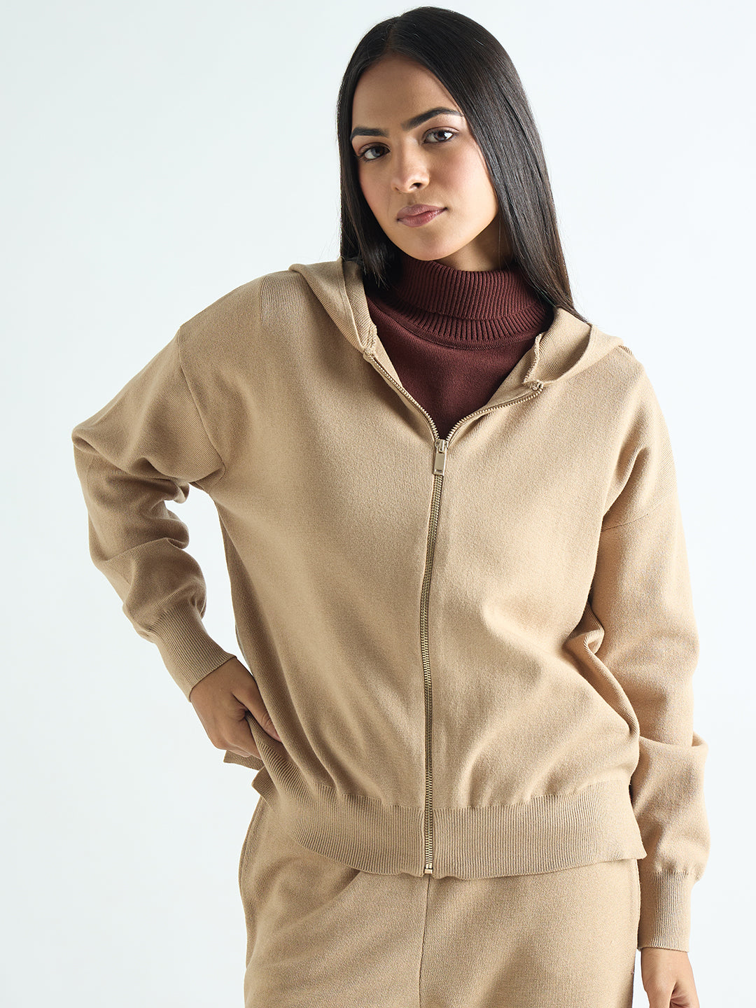 Beige Zip-Up Hooded Sweater
