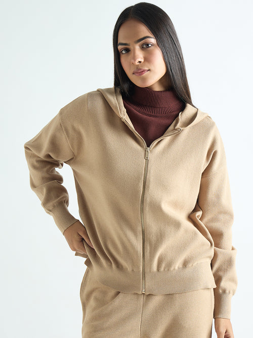 Beige Zip-Up Hooded Sweater