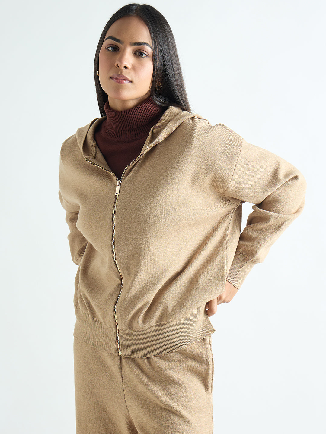 Beige Zip-Up Hooded Sweater