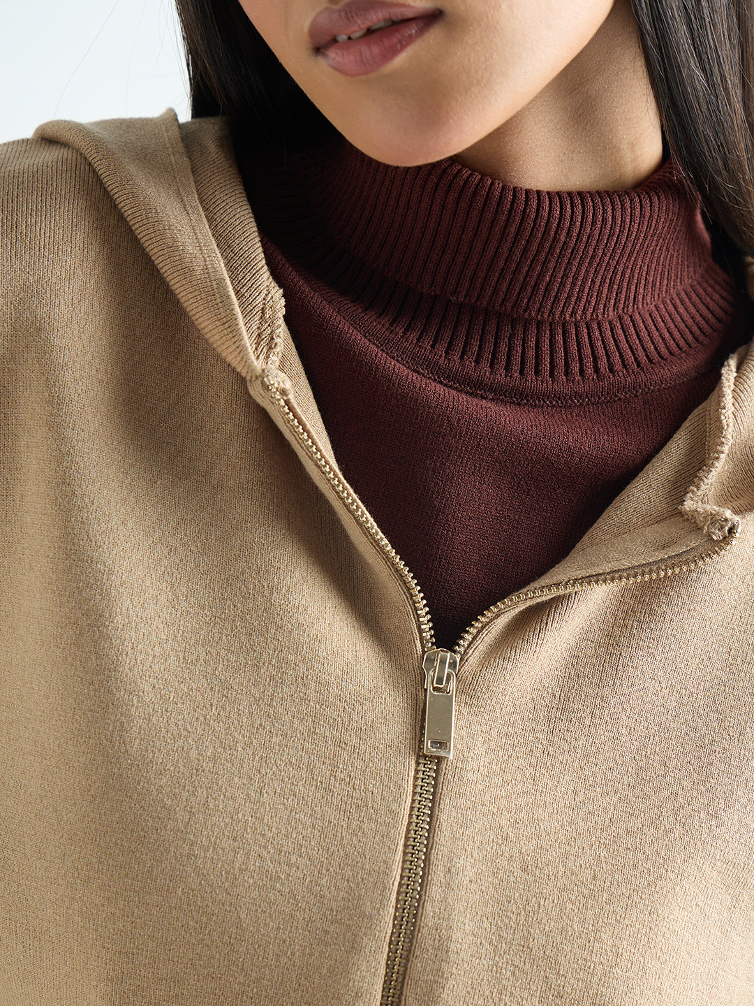 Beige Zip-Up Hooded Sweater