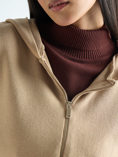 Beige Zip-Up Hooded Sweater
