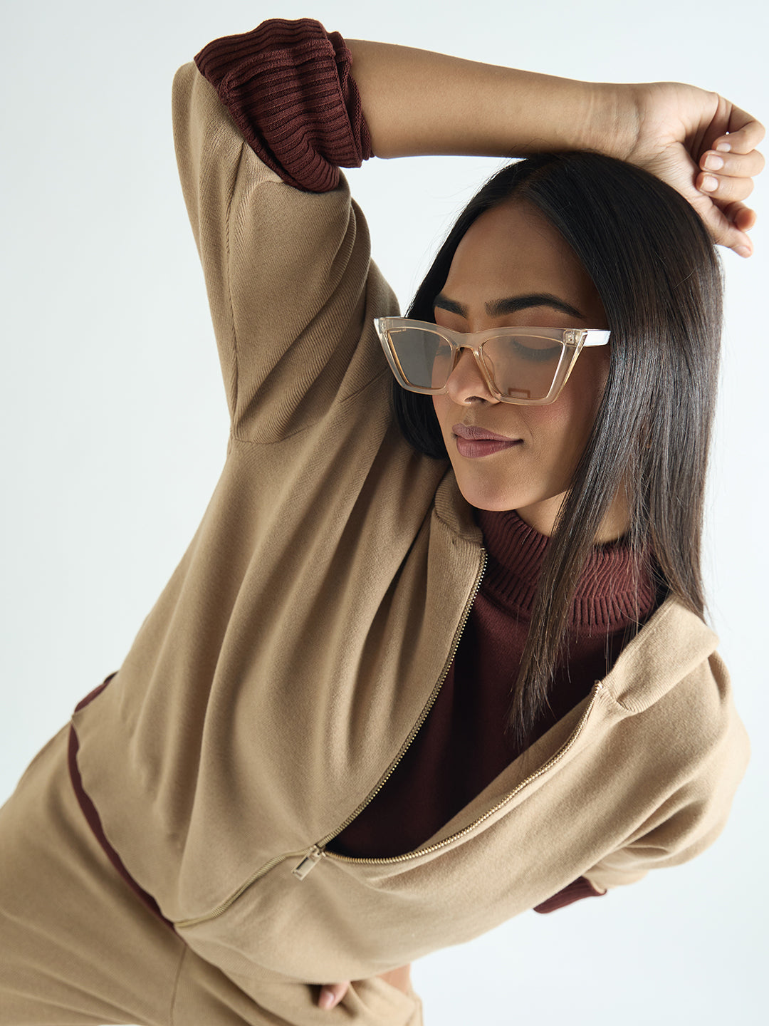 Beige Zip-Up Hooded Sweater