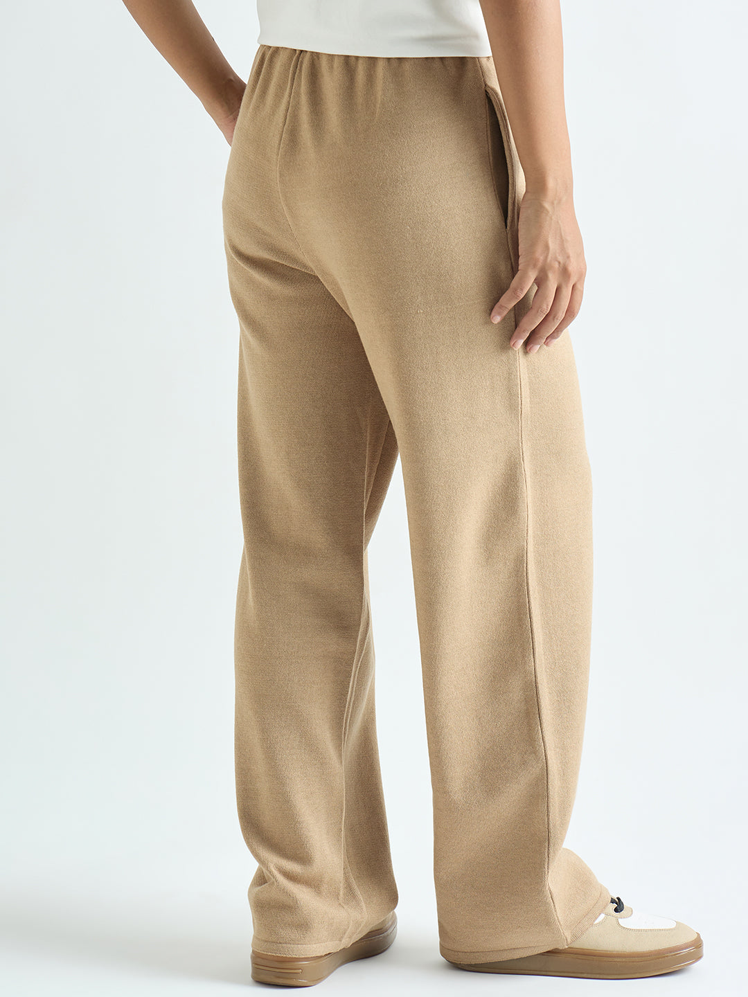 Beige Knitted Straight Fit Pants