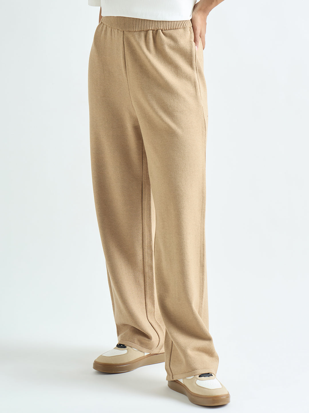 Beige Knitted Straight Fit Pants