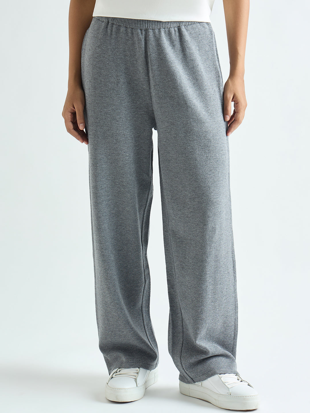 Grey Melange Knitted Straight Fit Pants