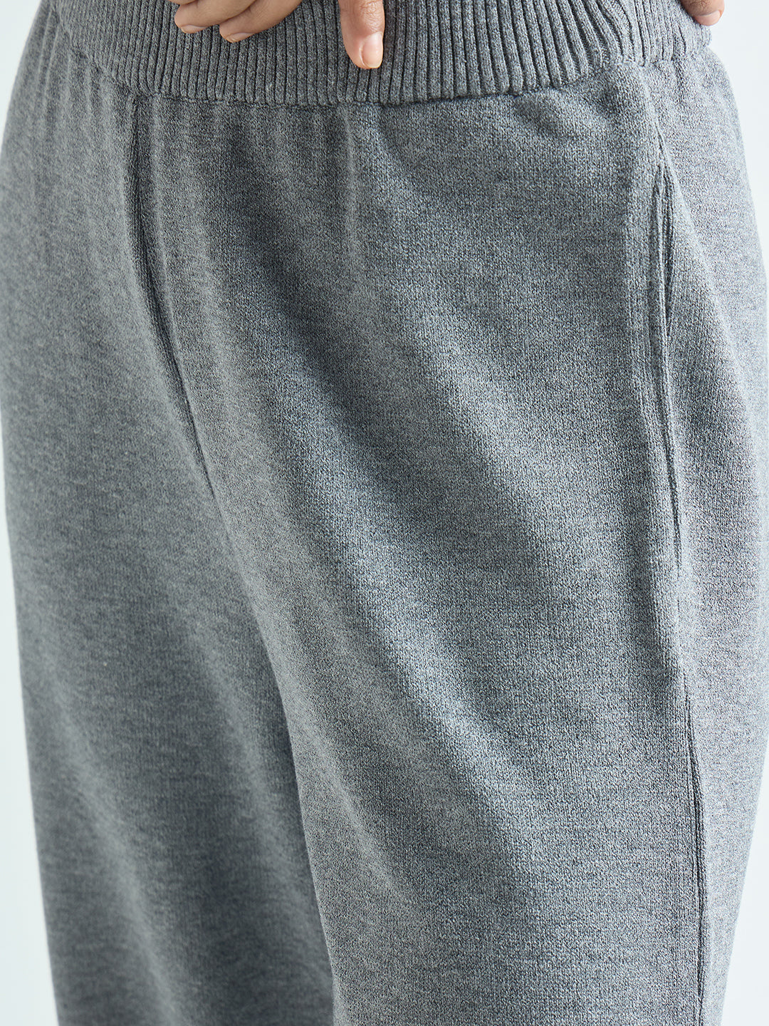 Grey Melange Knitted Straight Fit Pants