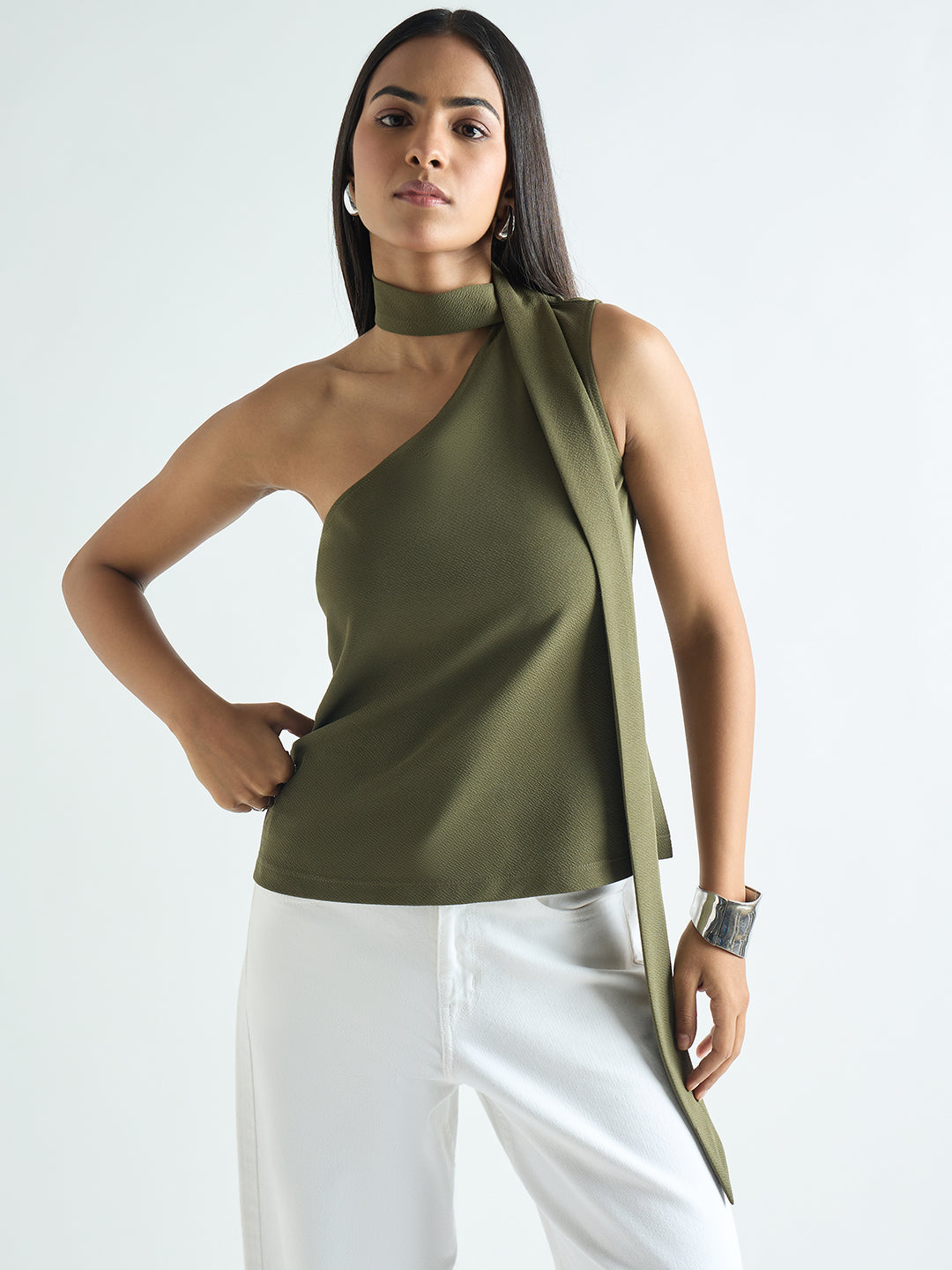 Olive One Shoulder Scarf Top
