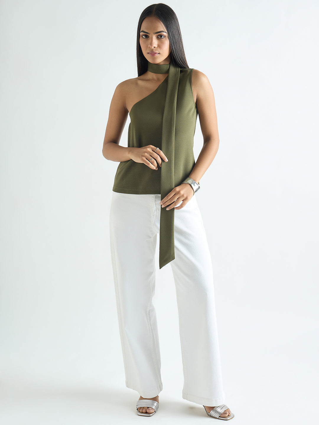 Olive One Shoulder Scarf Top