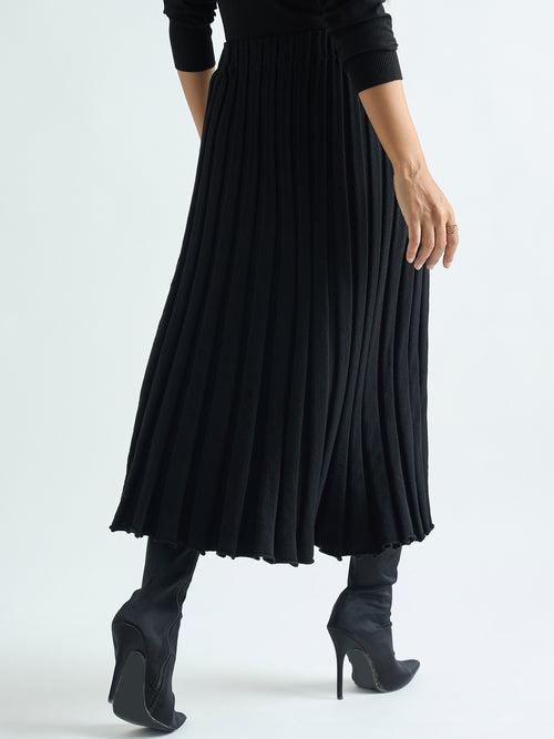 Black Pleated Midi Skirt