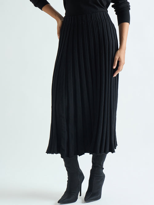 Black Pleated Midi Skirt