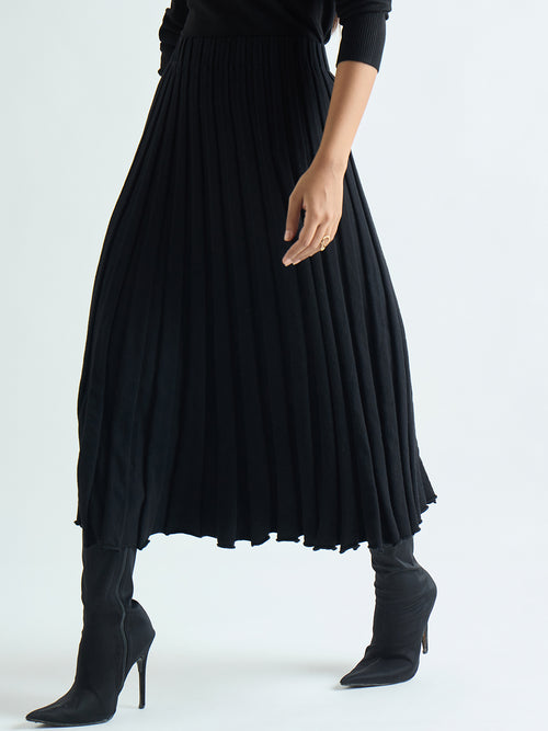 Black Pleated Midi Skirt