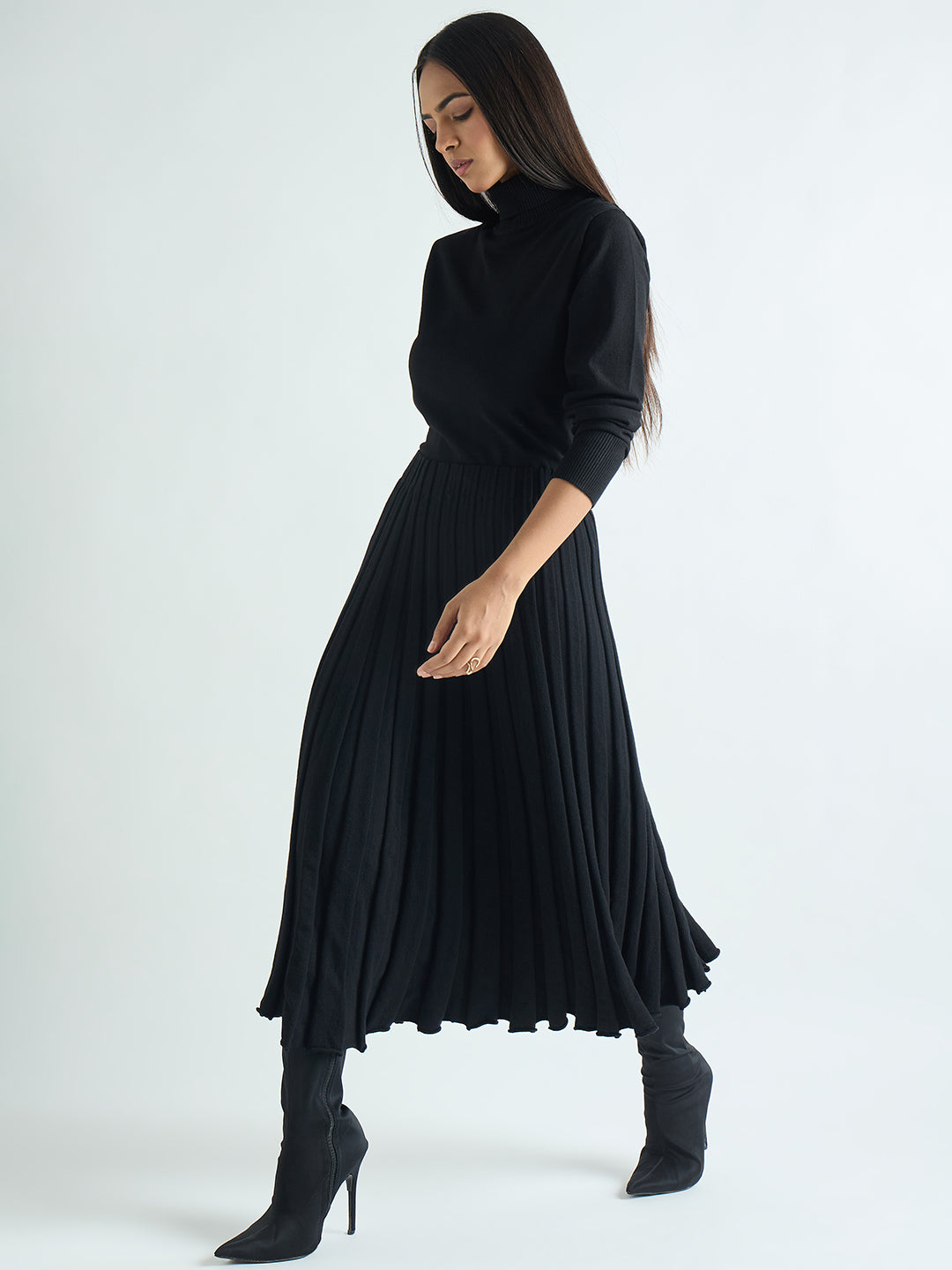 Black Pleated Midi Skirt