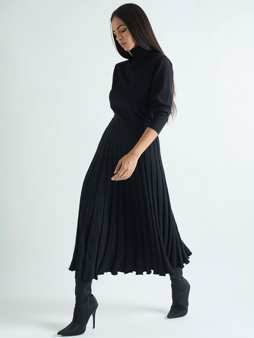 Black Pleated Midi Skirt
