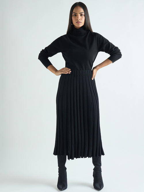 Black Pleated Midi Skirt