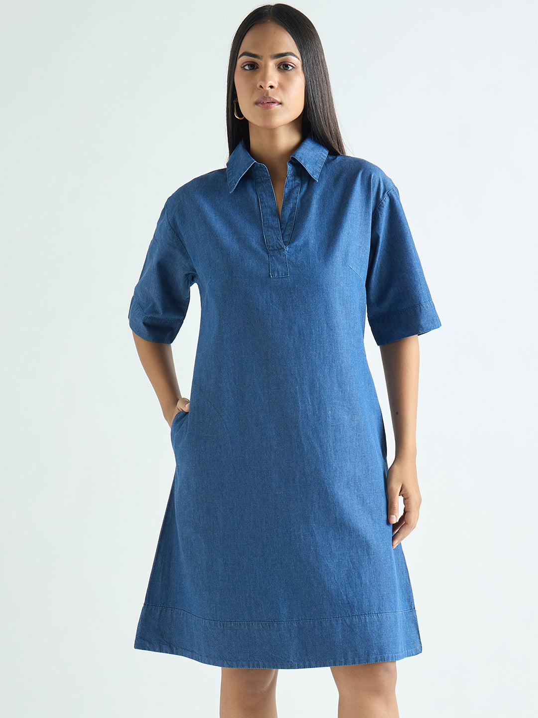 Navy Blue Denim Knee Length Dress