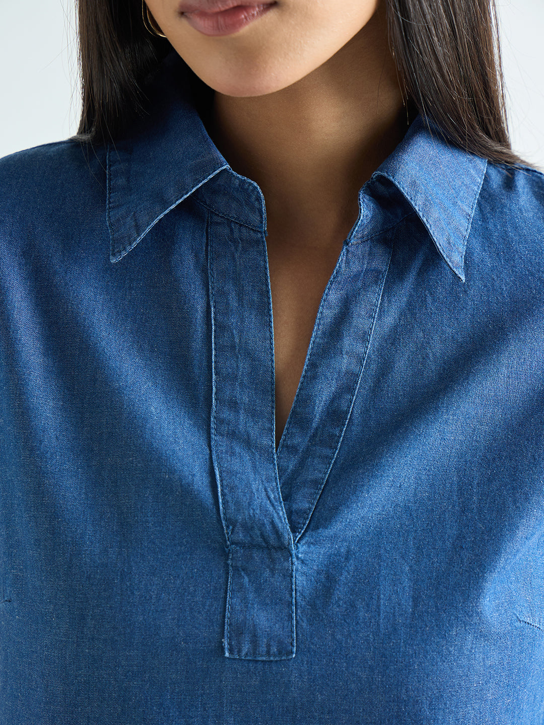 Navy Blue Denim Knee Length Dress